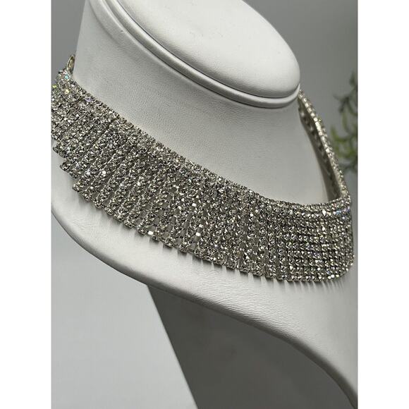 Natasha Crystal Rhinestone Bling Silver Tone Statement Dressy Collar Necklace - Picture 3 of 8
